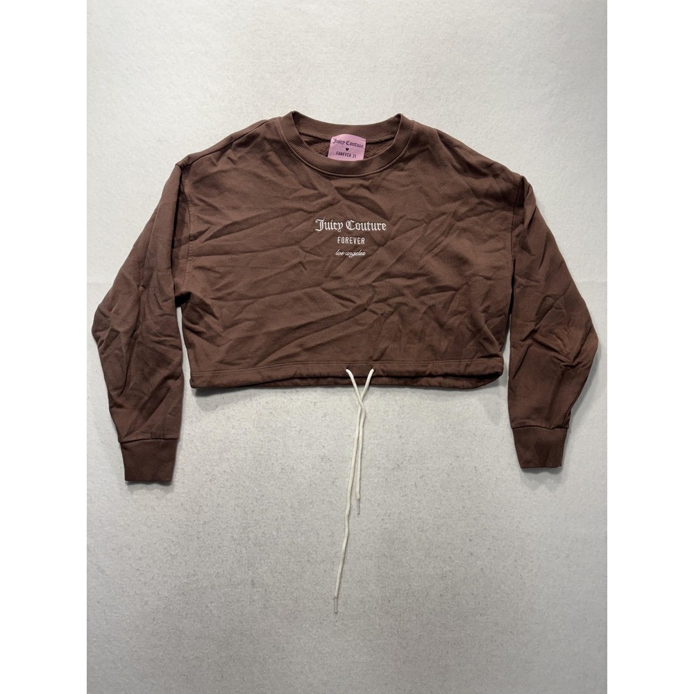 Juicy Couture Forever 21 Sweatshirt Womens M Brown Cropped Drawstring Logo Crew
